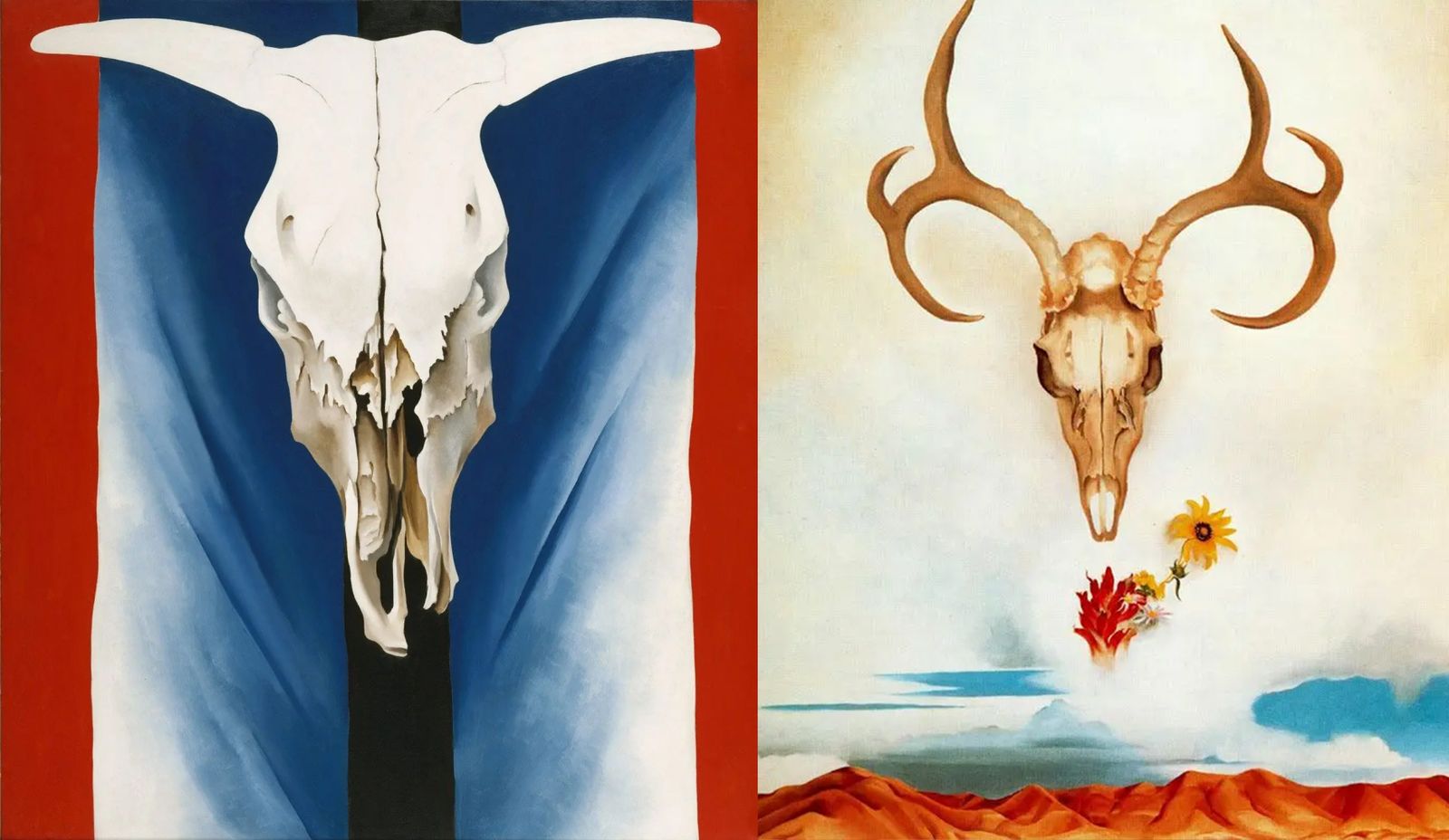 Слева: Джорджия О’Киф, «Череп коровы: красное, белое и синее» (Cow’s Skull: Red, White, and Blue), 1931. Справа: Джорджия О’Киф, «Летние дни» (Summer Days), 1936. Черепа, цветы, пейзаж — образ смерти, вставленный в безмолвие неба. Вещная иконография 