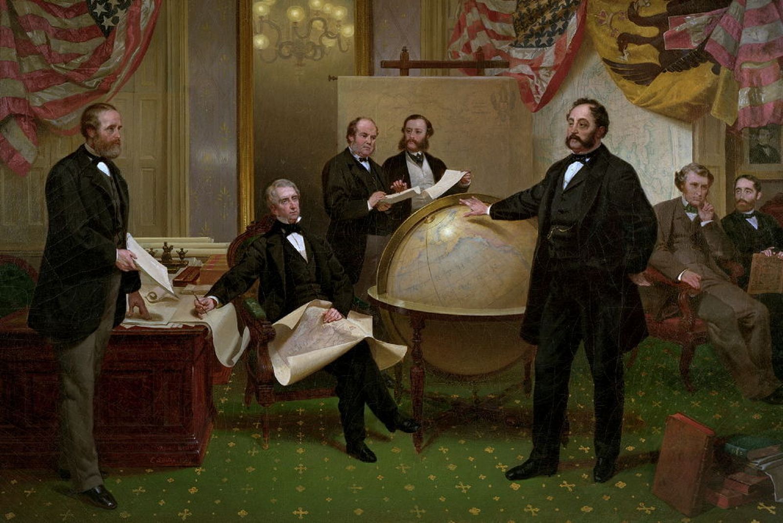 Подписание договора о продаже Аляски 30 марта 1867 года. Слева направо: Роберт С. Чу, Уильям Г. Сьюард, Уильям Хантер, Владимир Бодиско, Эдуард Стекль, Чарльз Самнер, Фредерик Сьюард / Художник Эмануэль Лойце, 1868