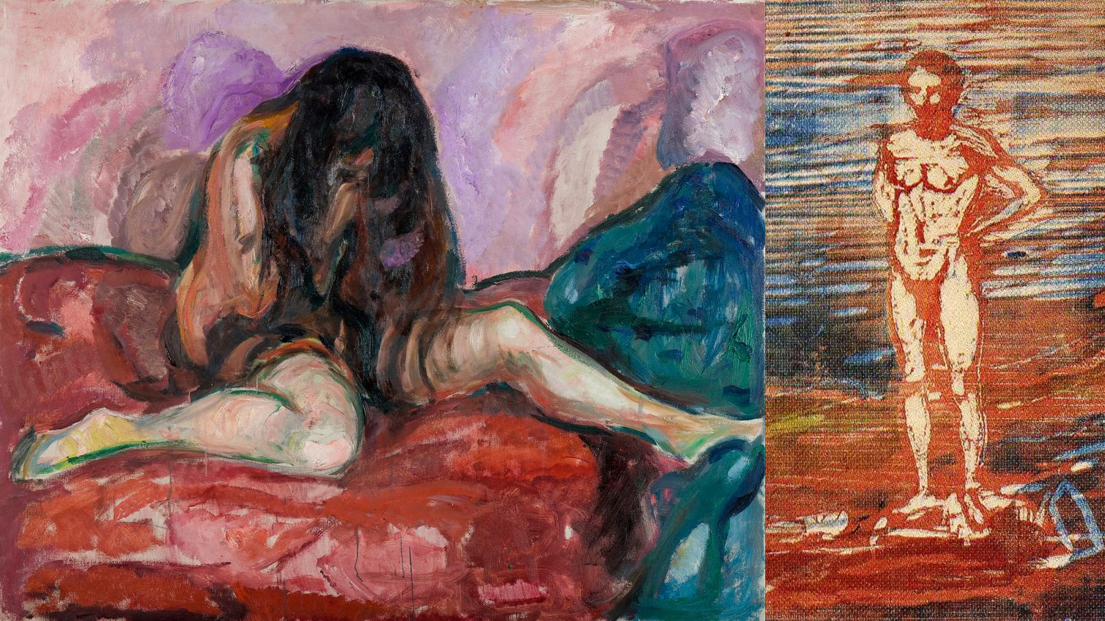 Обнажённая I, 1913. и Купающийся мужчина (фрагмент), 1899. Эдвард Мунк. Музей Мунка. Картины разных лет соединены общим телесным напряжением и уязвимостью. Здесь тело — нечто самоценное и обнажённо существующее.