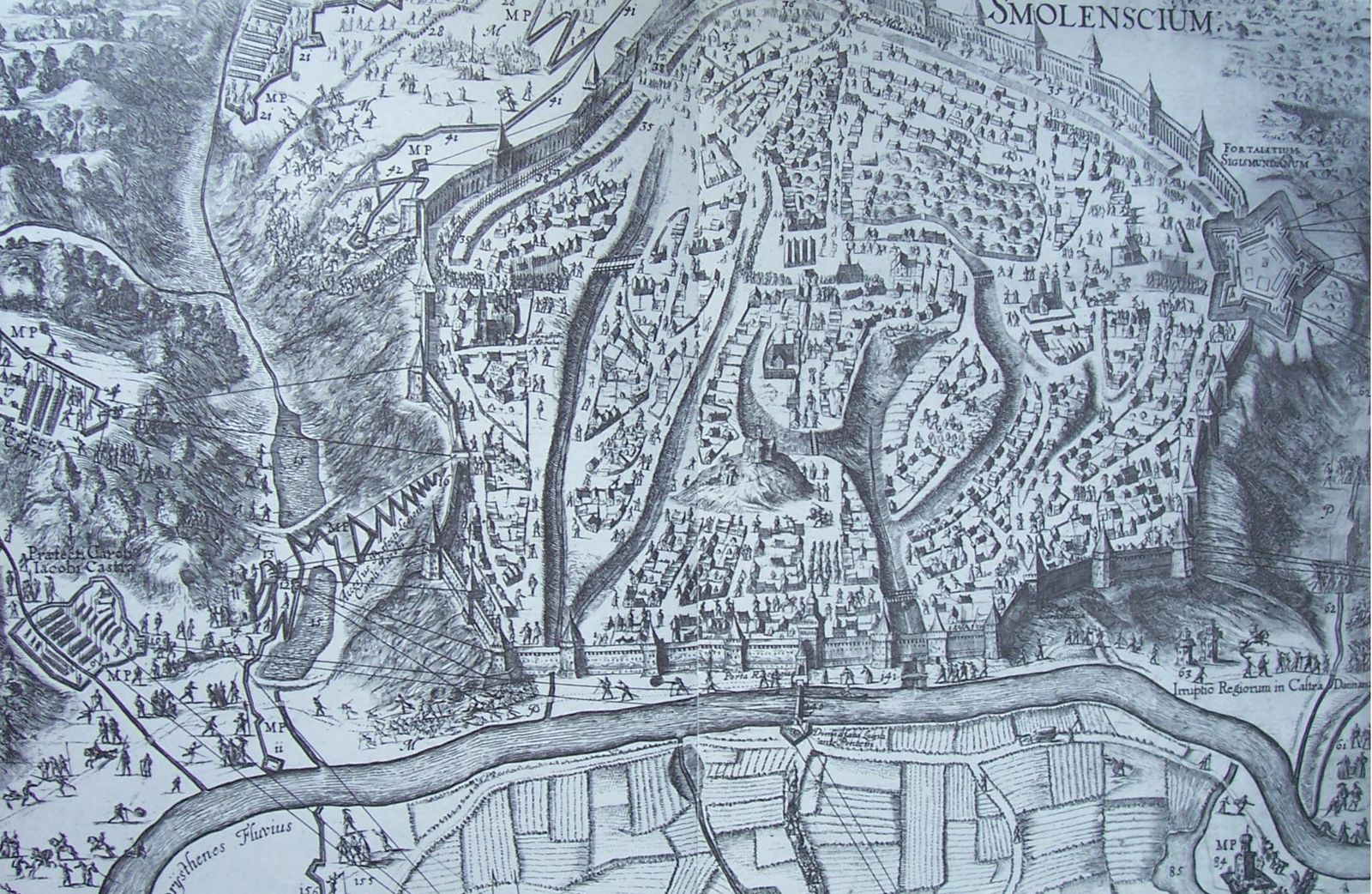 Осада Смоленска 1632—1633. Гравюра Вильгельма Гондиуса «План осады Смоленска» (фрагмент). Данциг, 1636 Осада Смоленска 1632—1633. Гравюра Вильгельма Гондиуса «План осады Смоленска» (фрагмент). Данциг, 1636