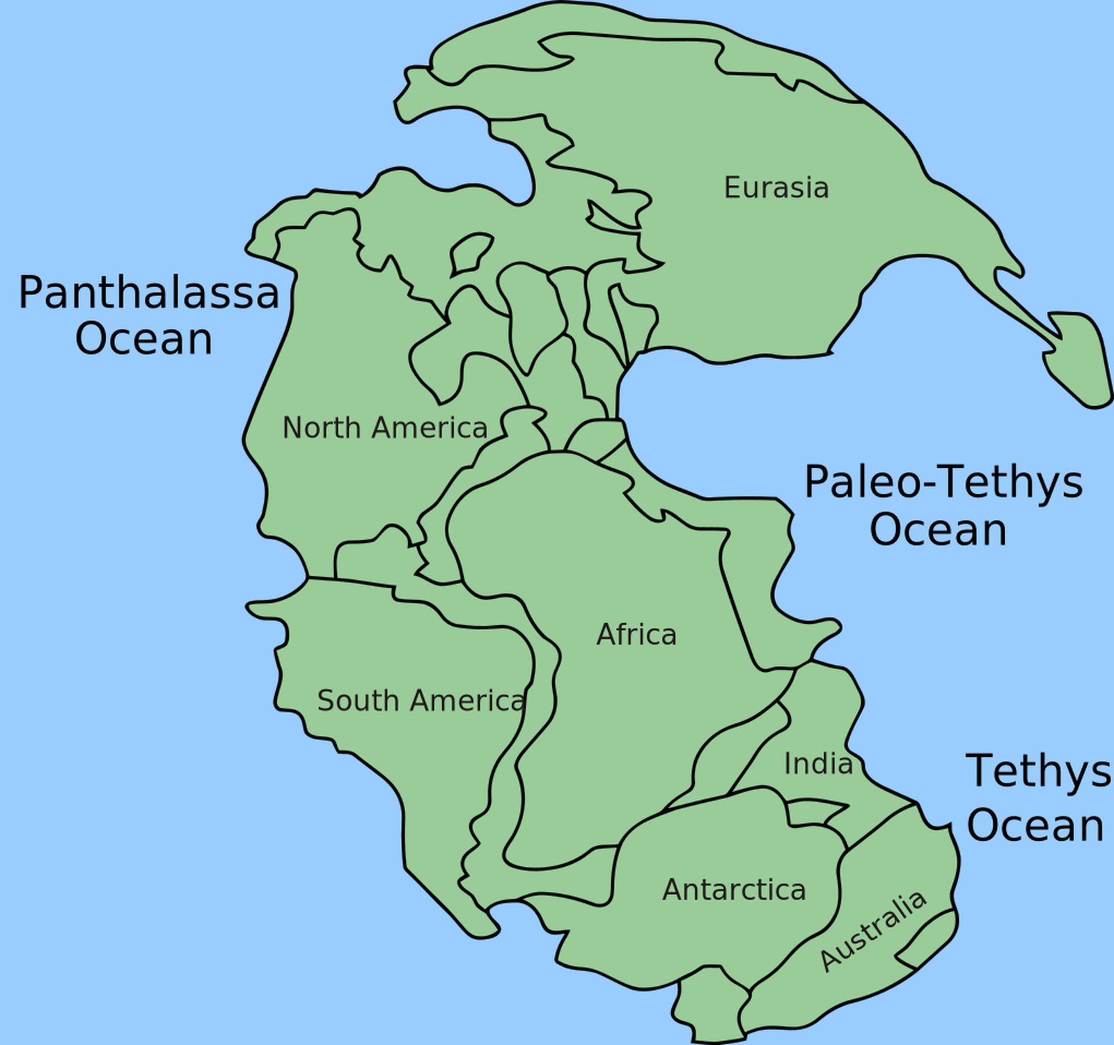 Карта единого суперконтинента «Пангея», wikipedia