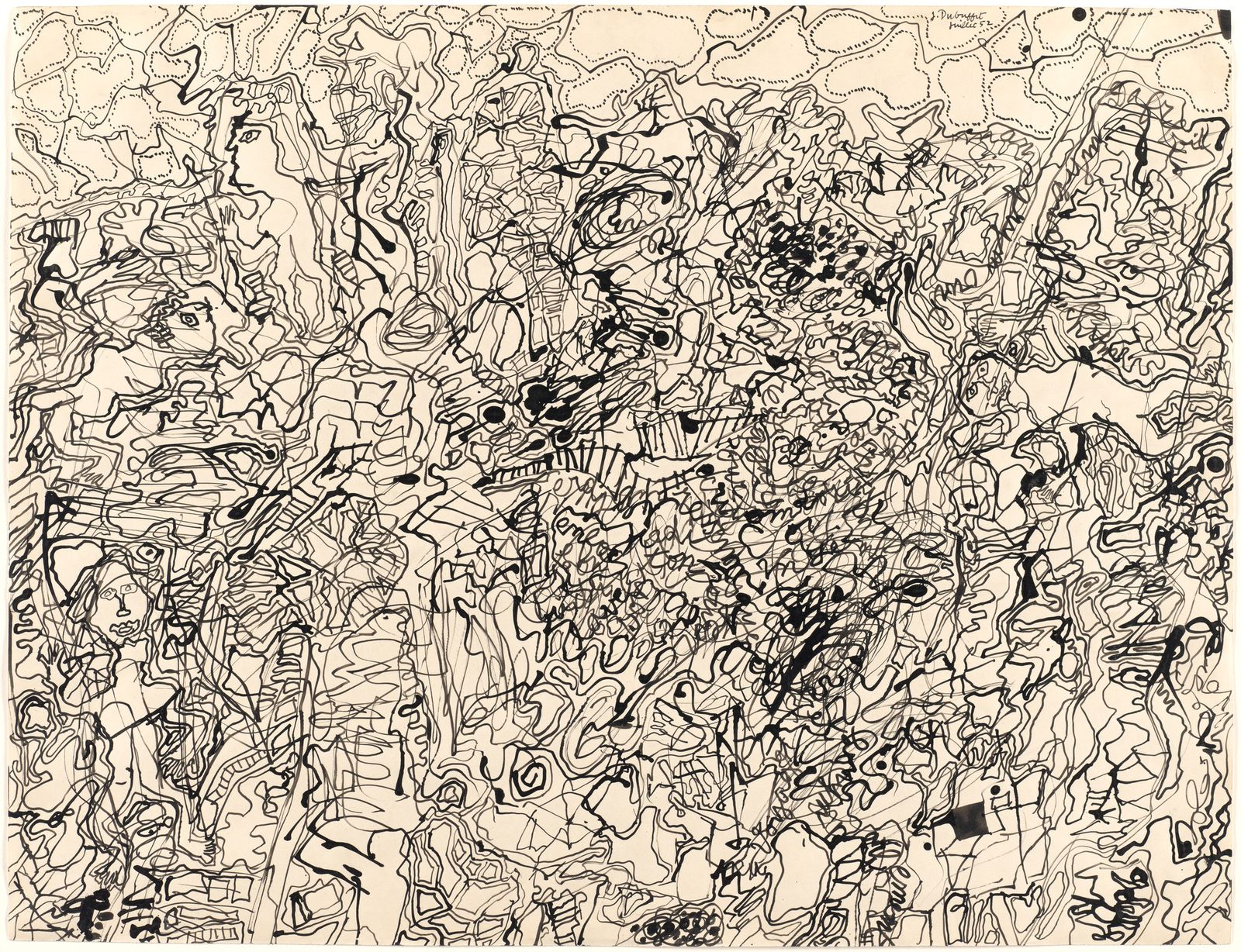 Связи и причины: Пейзаж с фигурами, 1952, Жан Дюбюффе. Густая сеть линий превращает фигуры и фон в неразличимую ткань. Визуальный эквивалент плоской онтологии, где всё связано со всем — и всё имеет силу.