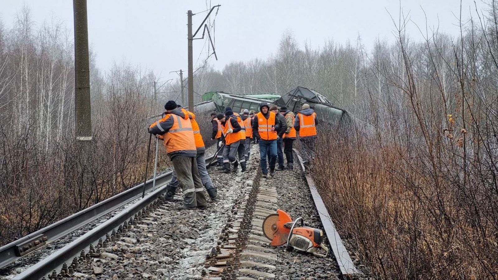 Рабочие устраняют последствия схода вагонов грузового поезда с рельсов на железной дороге в Рязанской области. По данным Московской железной дороги, инцидент произошел из-за «вмешательства посторонних лиц» в работу железнодорожного транспорта. Следст
