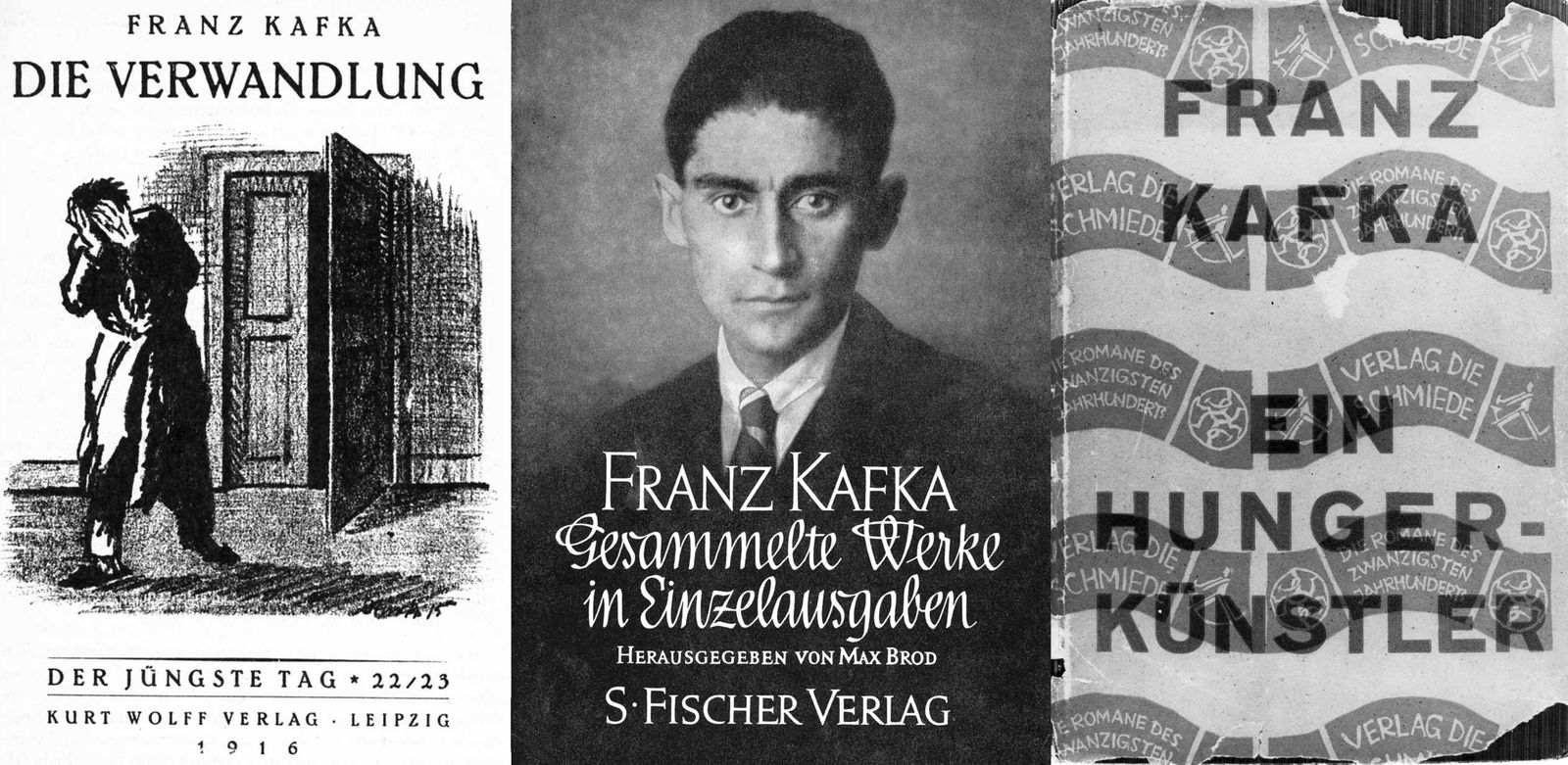 Отдельное издание «Превращения» с иллюстрацией Оттомара Штарке 1916 года / Собрание сочинений Кафки под редакцией Макса Брода. На обложке последняя сохранившаяся портретная фотография Кафки. Была сделана, вероятно, в сентябре 1923 года в универмаге В