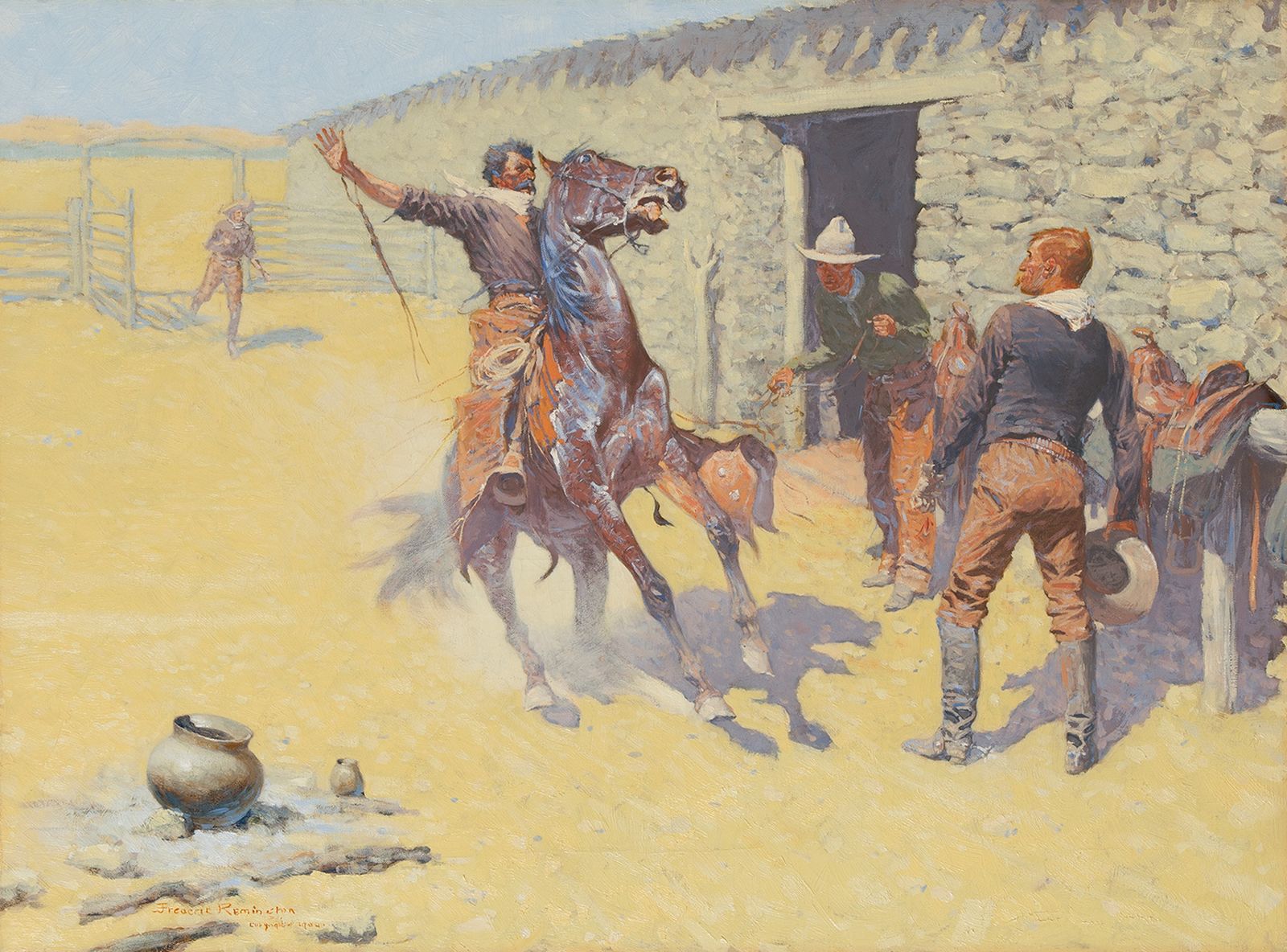 «Апачи!» (1904), Фредерик Ремингтон. Классический пример нарративной живописи американского фронтира. Ремингтон, вдохновлённый рассказами армии о "дикости" апачей, изображает момент паники — всадник врывается с вестью о приближении воинов. В «Кроваво