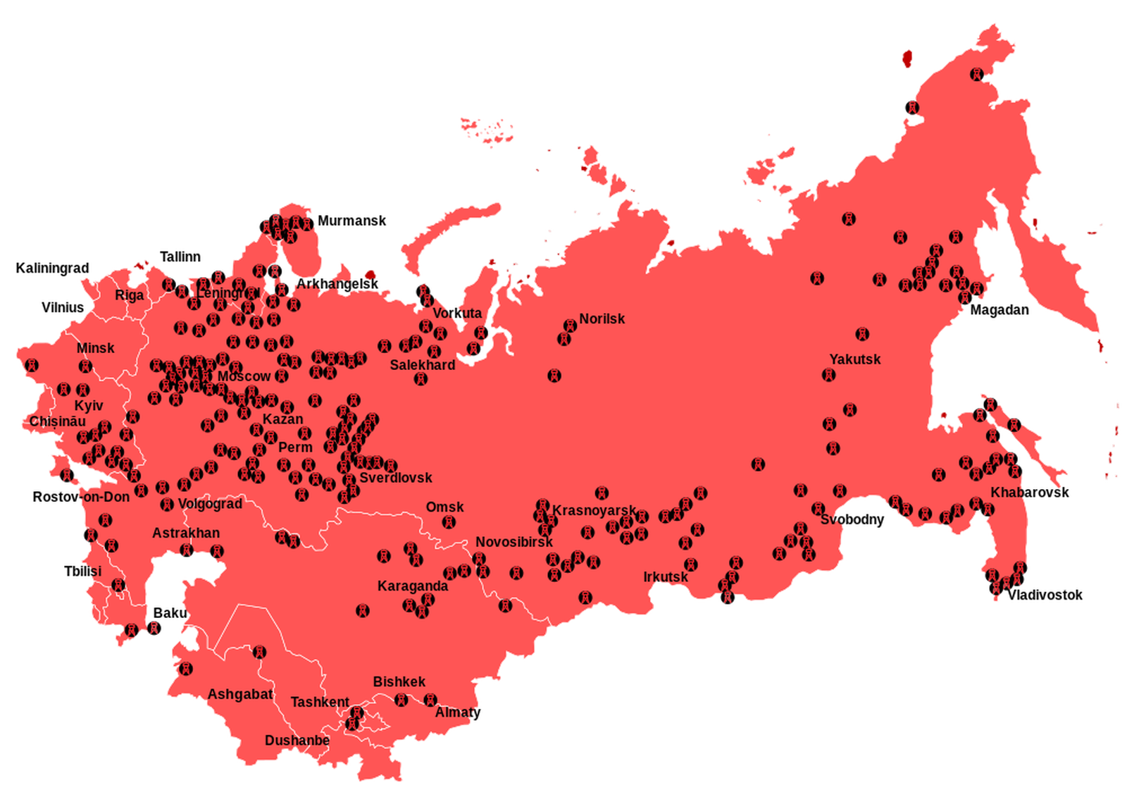Сводная карта лагерей, существовавших с 1923 года по 1967 год и находившихся в ведении Главного управления исправительно-трудовых лагерей (ГУЛАГ). На основании данных правозащитного общества «Мемориал».