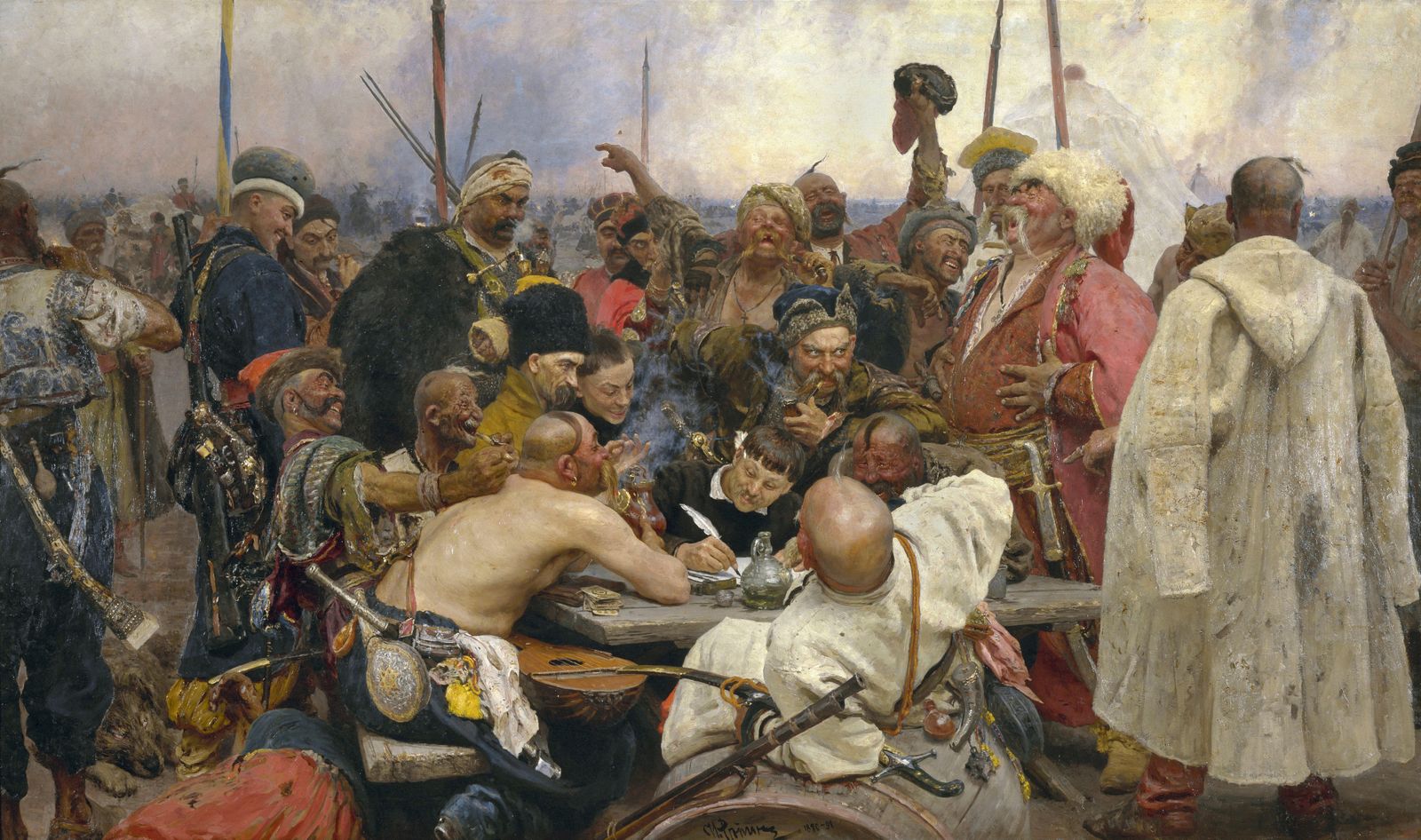 «Запорожцы», 1880—1891. Центральный персонаж картины кошевой атаман Иван Дмитриевич Серко был написан с генерала Михаила Ивановича Драгомирова. / Художник: И. Е. Репин, Русский музей, Санкт-Петербург «Запорожцы», 1880—1891. Центральный персонаж картины кошевой атаман Иван Дмитриевич Серко был написан с генерала Михаила Ивановича Драгомирова. / Художник: И. Е. Репин, Русский музей, Санкт-Петербург