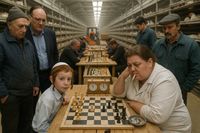 Архетипы памяти. Проект о жизни в СССР глазами искусственного интеллекта, Чемпионат Великолукской птицефабрики по шахматам. За первой доской играют внук заместителя главного бухгалтера фабрики перворазрядник Сеня Липкин (играет белыми) и кандидат в мастера спорта птичница И.А. Чередниченко. — миниатюра