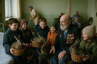 Архетипы памяти. Проект о жизни в СССР глазами искусственного интеллекта, Спасенные зайцы навещают деда Мазая в сельской больнице — миниатюра