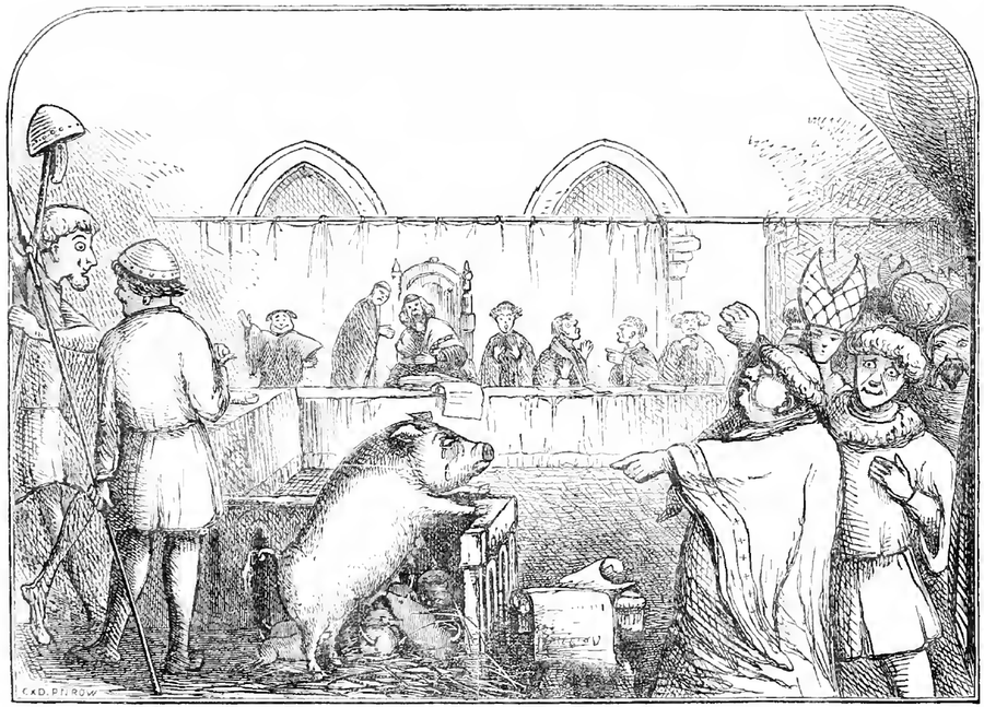 Author unknown. «Trial of a sow and pigs at Lavegny». 15th century