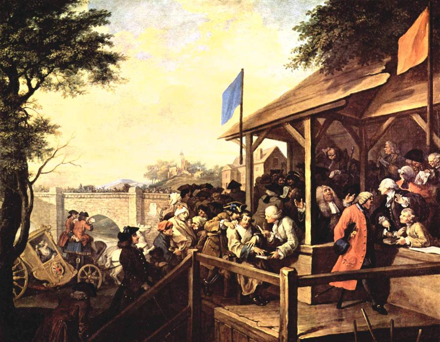В серии картин «Выборы в парламент» (1754-1758) английский художник Уильям Хогарт высмеивает электоральную систему Англии. На полотне «Голосование» показывается неорганизованность выборов и попытки повлиять на их ход нечестным образом. / Фальсификация демократии: как победить на выборах без поддержки избирателей — Discours.io