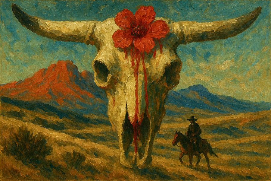 Иллюстрация: Павел Магута. Смешанная техника: рисунок, коллаж, Photoshop, стилизация с нейросетью / «Слова — это вещи». О насилии, боли и пустыне в «Кровавом меридиане» — Discours.io