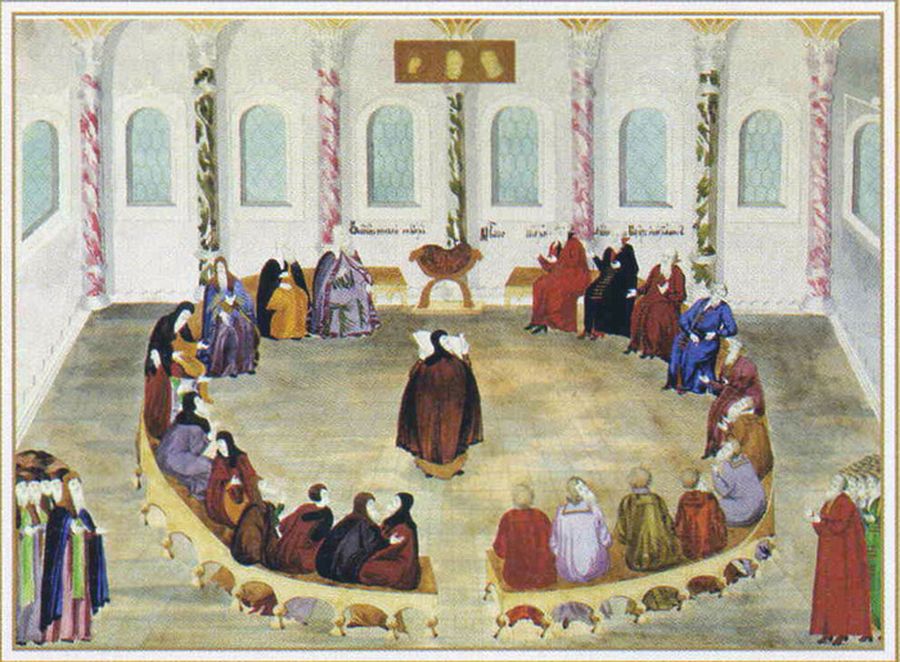 Заседание Земского Собора 1613 года. Миниатюра из рукописи «Избрание на царство М. Ф. Романова» (1673) / Wikimedia Commons Заседание Земского Собора 1613 года. Миниатюра из рукописи «Избрание на царство М. Ф. Романова» (1673) / Wikimedia Commons