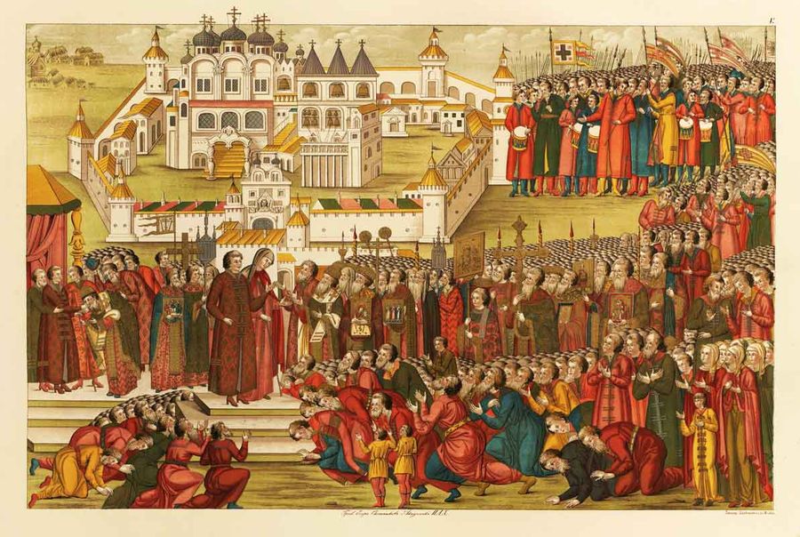 Посольство Земского Собора, прибывшее в Костромской Ипатьевский монастырь, сообщает Михаилу Романову об избрании Его на Царство. Из «Книги венчания на царство Михаила Фёдоровича Романова» (1672) / Wikimedia Commons Посольство Земского Собора, прибывшее в Костромской Ипатьевский монастырь, сообщает Михаилу Романову об избрании Его на Царство. Из «Книги венчания на царство Михаила Фёдоровича Романова» (1672) / Wikimedia Commons
