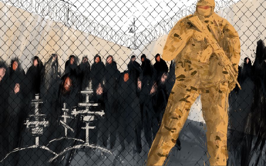 «Зэки молчаливо внимали Пригожину, а он возвышался над ними и вещал. Мне сразу пришла в голову сцена из „Маугли“, где старый питон Каа показывает бандерлогам Пляску Голода, чтобы затем съесть их». / Иллюстрации: Бера Гуляй / Как Пригожин вербовал заключенных на войну. Репортаж из колонии о приезде основателя ЧВК «Вагнер» — Discours.io
