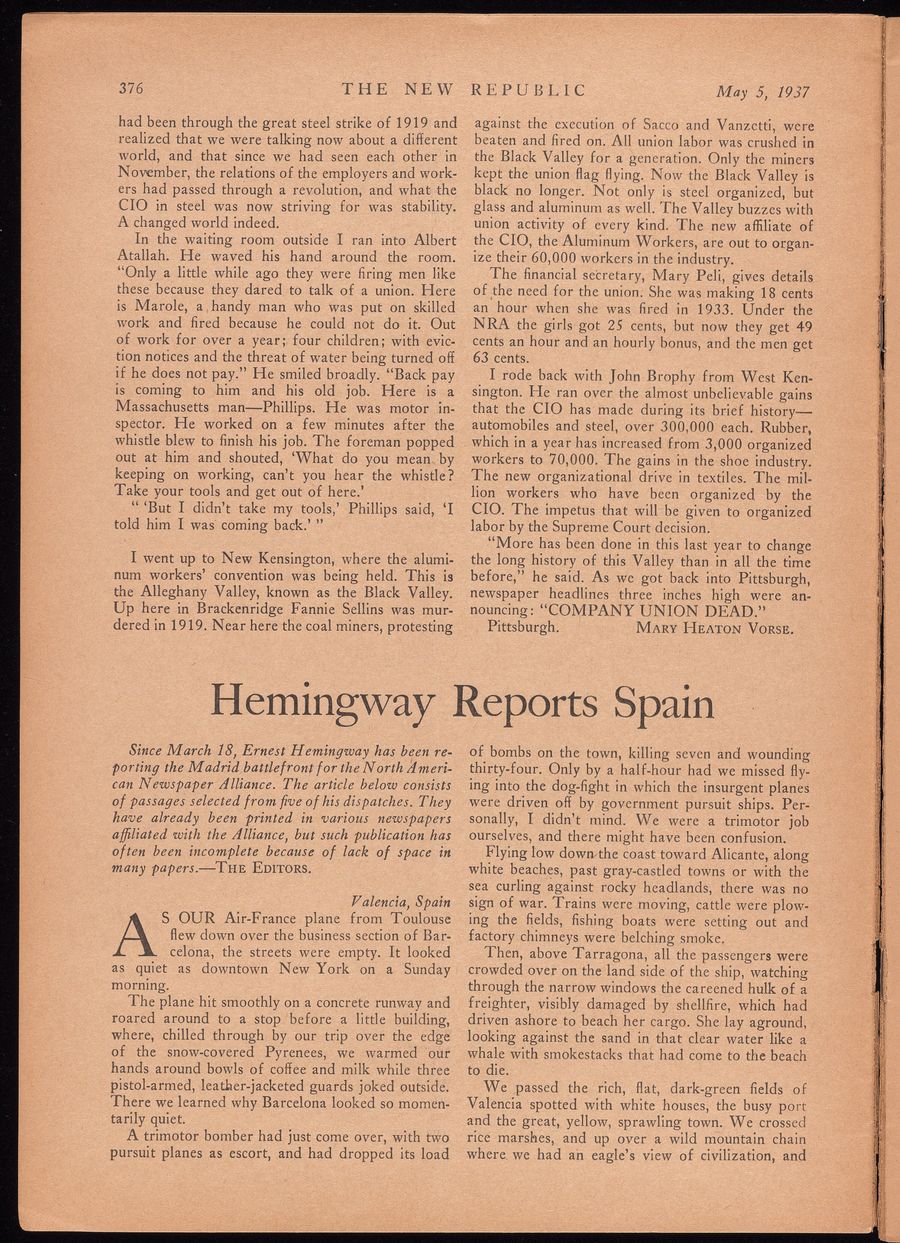 Репортаж Хемингуэя в журнале The New Republic, май 1937 года. / yale.edu Репортаж Хемингуэя в журнале The New Republic, май 1937 года. / yale.edu