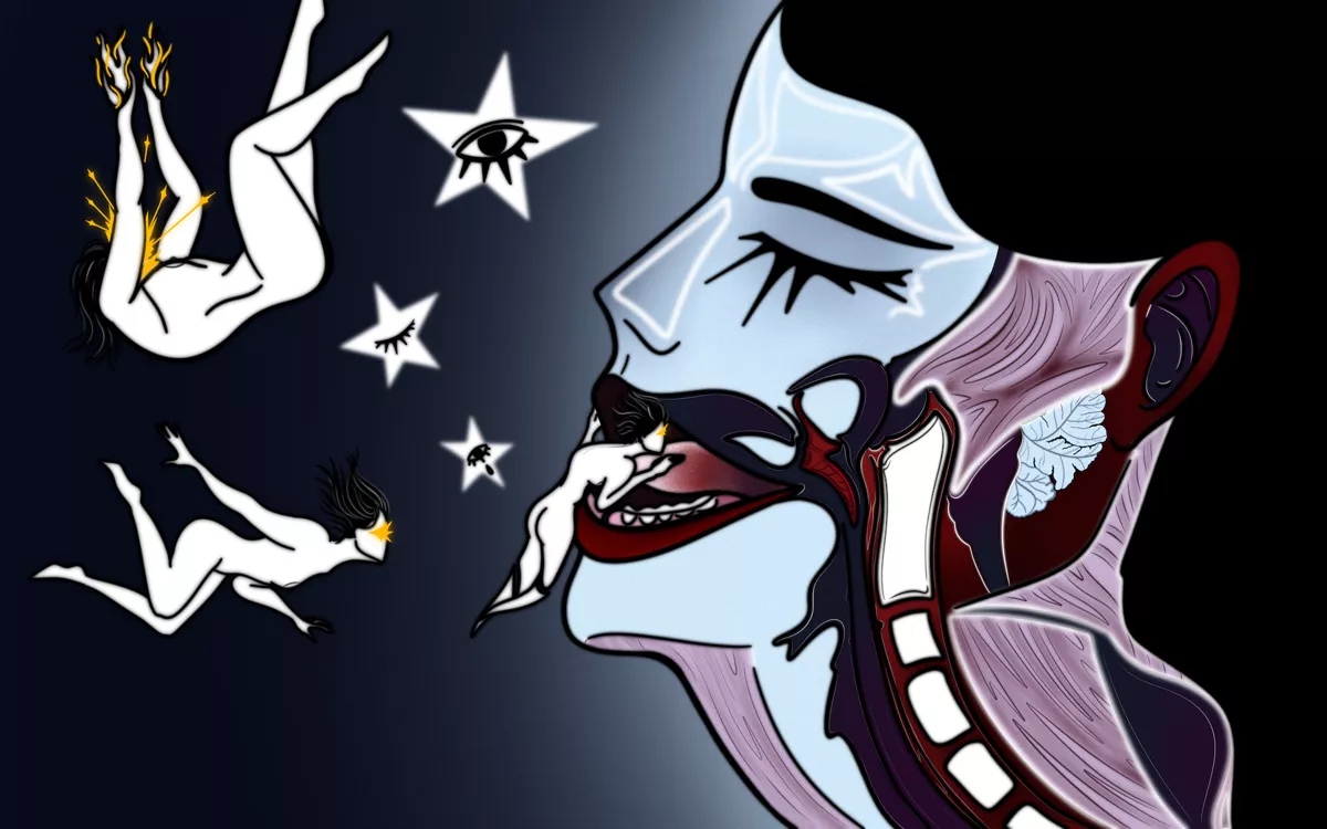 «Я вмиг освоилась и там пахло иголками железными иголками Всё было розовое и мягкое очень тёплое Я каталась как на горке по мокрому языку и чуть не улетела в горло» / Иллюстрации: <a href="https://t.me/acutusart">острая</a>