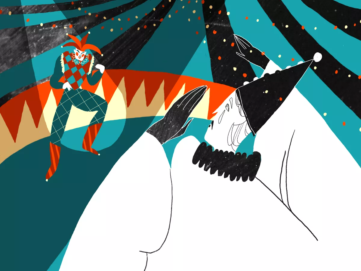 «Уважаемые зрители! Сейчас состоится беспрецедентное зрелище — первый баттл между Арлекином и Пьеро. Правила боя просты — никаких правил!» / Иллюстрации: <a href="https://www.behance.net/gallery/153442465/portfolio-illjustratora-2022">Ярославна-Елизавета Сокольникова</a>