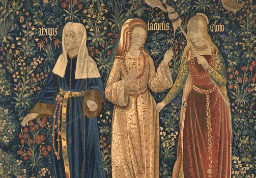 В древнегреческой мифологии Мойры — три сестры Клото, Лахесис и Атропос, управляющие судьбами людей / Гобелен XVI века работы неизвестного художника из коллекции <a href="https://collections.vam.ac.uk/item/O72702/the-three-fates-tapestry-unknown/" target="_blank">Музея Виктории и Альберта</a>