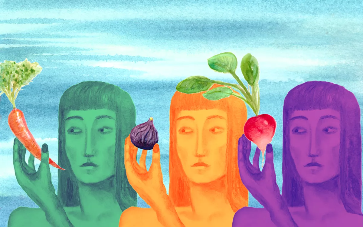 «Правильно спланированные вегетарианские диеты, включая веганскую, являются здоровыми и полноценными, подходят для людей любого возраста, беременных и кормящих женщин, детей, подростков, спортсменов, а также могут помочь в профилактике и лечении некоторых заболеваний». / Иллюстрация: <a href="https://t.me/av_lustra">Анастасия Вотинова</a>