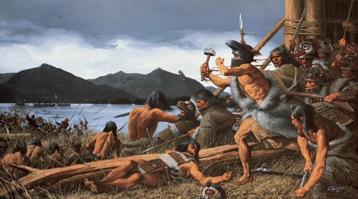 «В середине XVIII века русское правительство считало захват северо-западных территорий Америки реальной задачей» / Сражение русских колонистов с тлинкитами за остров Ситка