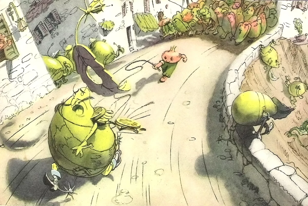 «Чиполлино взмахнул бичом и нанес ему новый удар, посильнее прежнего. Тогда правитель повернулся и бросился наутек. Это было сигналом. Вслед за Чиполлино из-под земли появились и остальные заключенные, бежавшие из тюрьмы. Народ приветствовал их радостными криками»