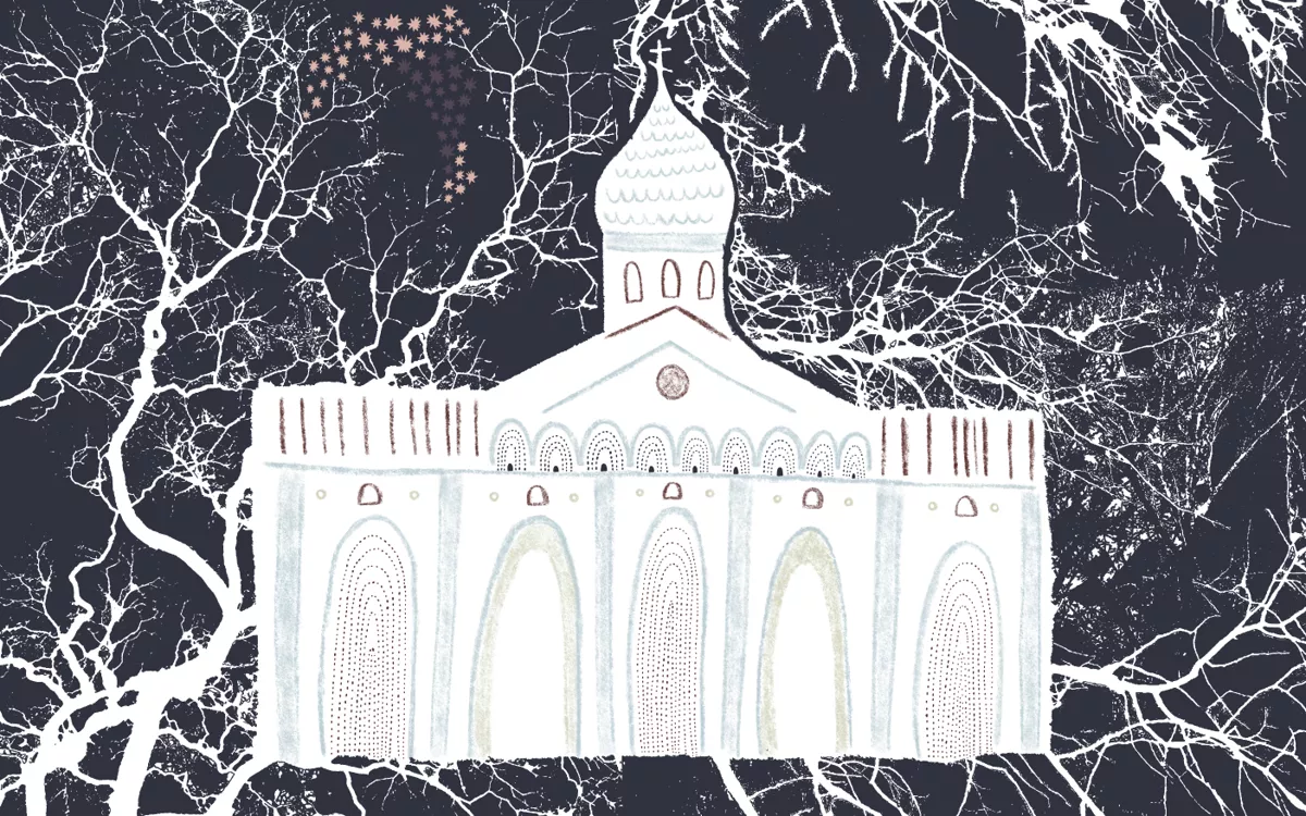 Больше о прошлом Мокшина ничего не известно, даже не пытайтесь спрашивать. Теперь он работает свечником в одном из храмов, своим видом напоминающим типичный Дом культуры с надстроенной звонницей, так схожей с лагерной вышкой. / Иллюстрации: <a href="https://www.instagram.com/vse_ochevidno/" target="">Анастасия Костина</a>