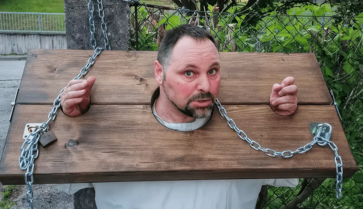 Эмануэль Франц приковал себя к позорному столбу, надев тугую упряжь на шею и руки, в знак протеста против дискриминации нейроразнообразия / Фото: friulioggi.it