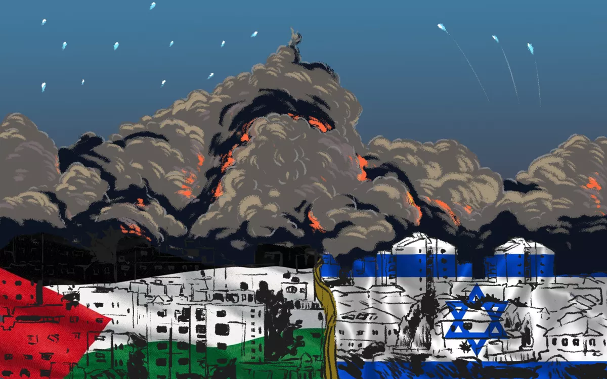 «Еще в 2021 году Верховный комиссар ООН по правам человека Мишель Бачелет призывала начать «подлинный» политический процесс по решению векового противостояния: „Если не устранить причины палестино-израильского конфликта, новая эскалация не заставит себя ждать“». / Иллюстрация: <a href="https://twitter.com/LRaien" target="">Александра Худякова</a>