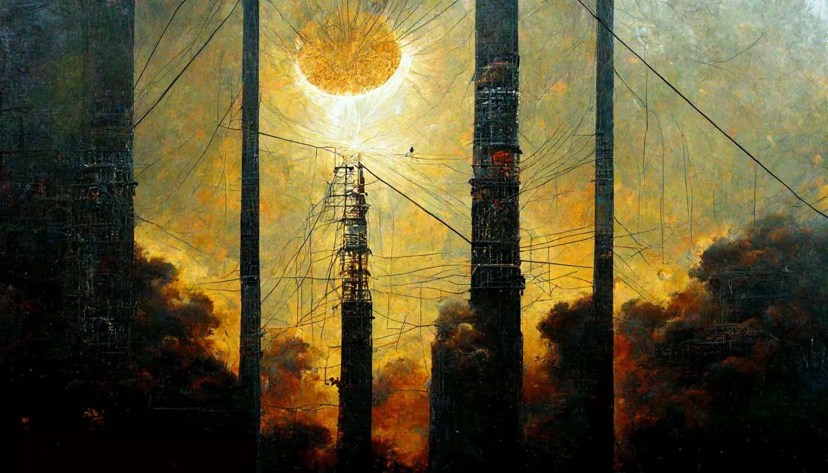 «Нефть как внутренний источник энергии переориентирует западное представление о прогрессе от метафоры роста (к солнцу и свету) к метафоре сетей и потоков (подземных кабелей и трубопроводов)» / MidJourney