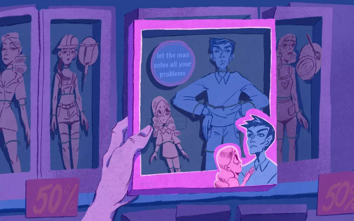 «Женщин по-прежнему изображают более маленькими и низкими по сравнению с мужчинами. Они часто выглядят покорными и демонстрируют уважительное отношение к мужчинам. В то же время мужчины занимают более заметное положение в кадре, их чаще показывают в роли лидеров и управленцев, подчеркивая их доминирующий статус». / Иллюстрации: <a href="https://bart.id/kakoetomesto">Веша Далесова</a>