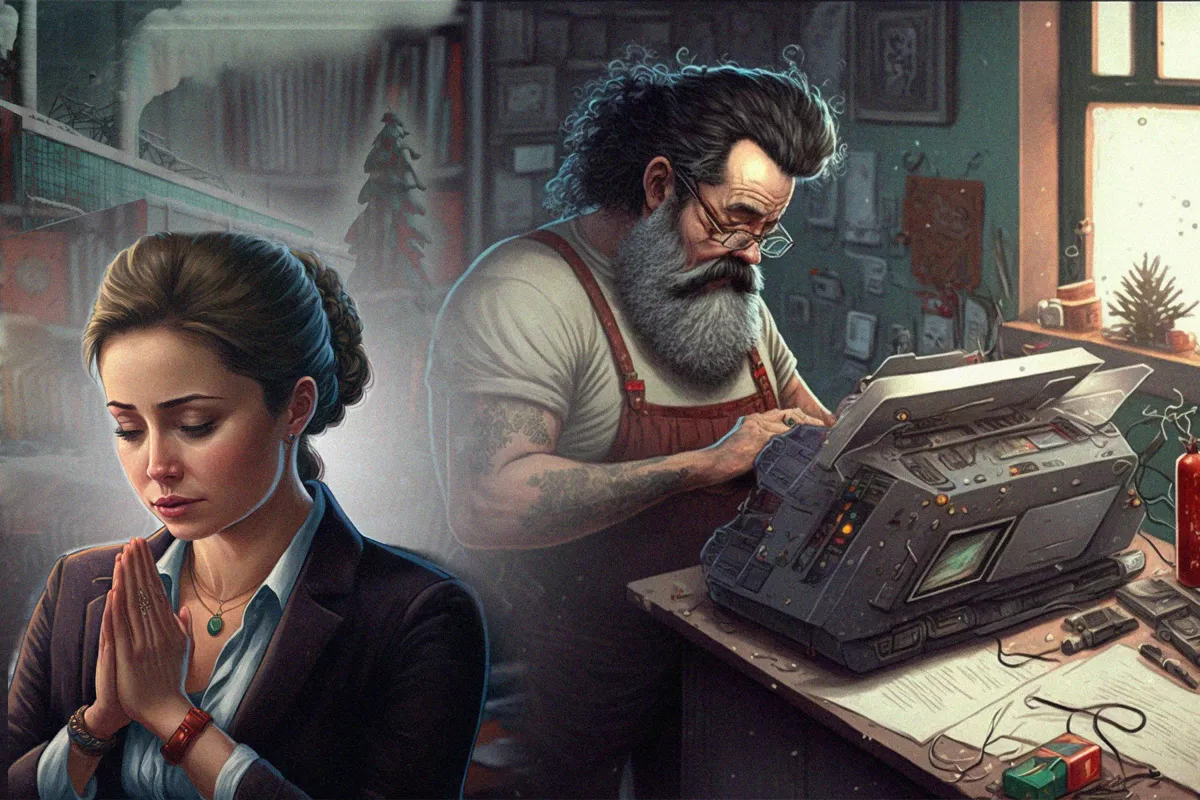 Иллюстрацию к рассказу о новогоднем чуде в типографии создала нейросеть Midjourney