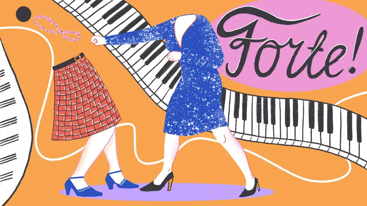 Forte! — крикнуло платье и, когда юбка приблизилась для очередного удара, отвесило ей подзатыльник. На нескольких клетках остались вмятины, но юбка быстро оправилась и снова готовилась к атаке. Платье дернуло Еву, чтобы та пришла на помощь, но Ева не останавливалась. Она чувствовала кожей, что зал шепчет и оживает так же, как во время соло Ильи. / Иллюстрации: <a href="https://www.instagram.com/marina.margarina/">Марина Маргарина</a>