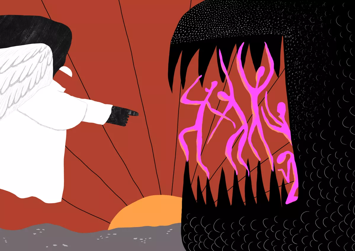 «Впоследствии Папа Франциск пошел дальше и заявил, что сторонники гендерного подхода подобны тем, кто поддерживает или развертывает ядерное оружие, нацеленное на само мироздание. Эта аналогия предполагает, что чем бы ни был гендер, он несет в себе огромную разрушительную силу в сознании тех, кто выступает против него — на самом деле, непостижимую и ужасающую разрушительную силу». / Иллюстрации: <a href="https://shamshurina.com">Елена Шамшурина</a>