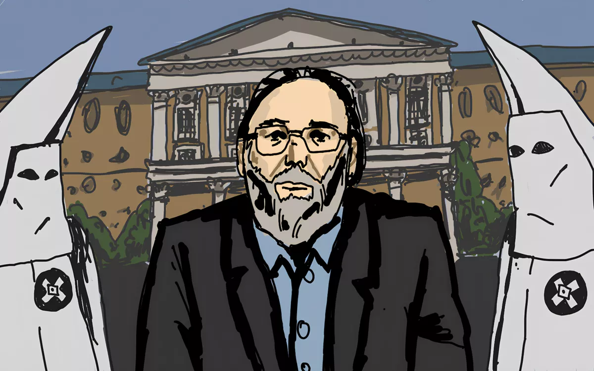 Александр Дугин, духовный наставник Беляева-Гинтовта и создатель «Евразийского союза молодежи», начинал в антисемитской организации «Память» / Иллюстрация: <a href="https://www.instagram.com/tan.ta.dan/">Алтан Халуун Дархан</a>