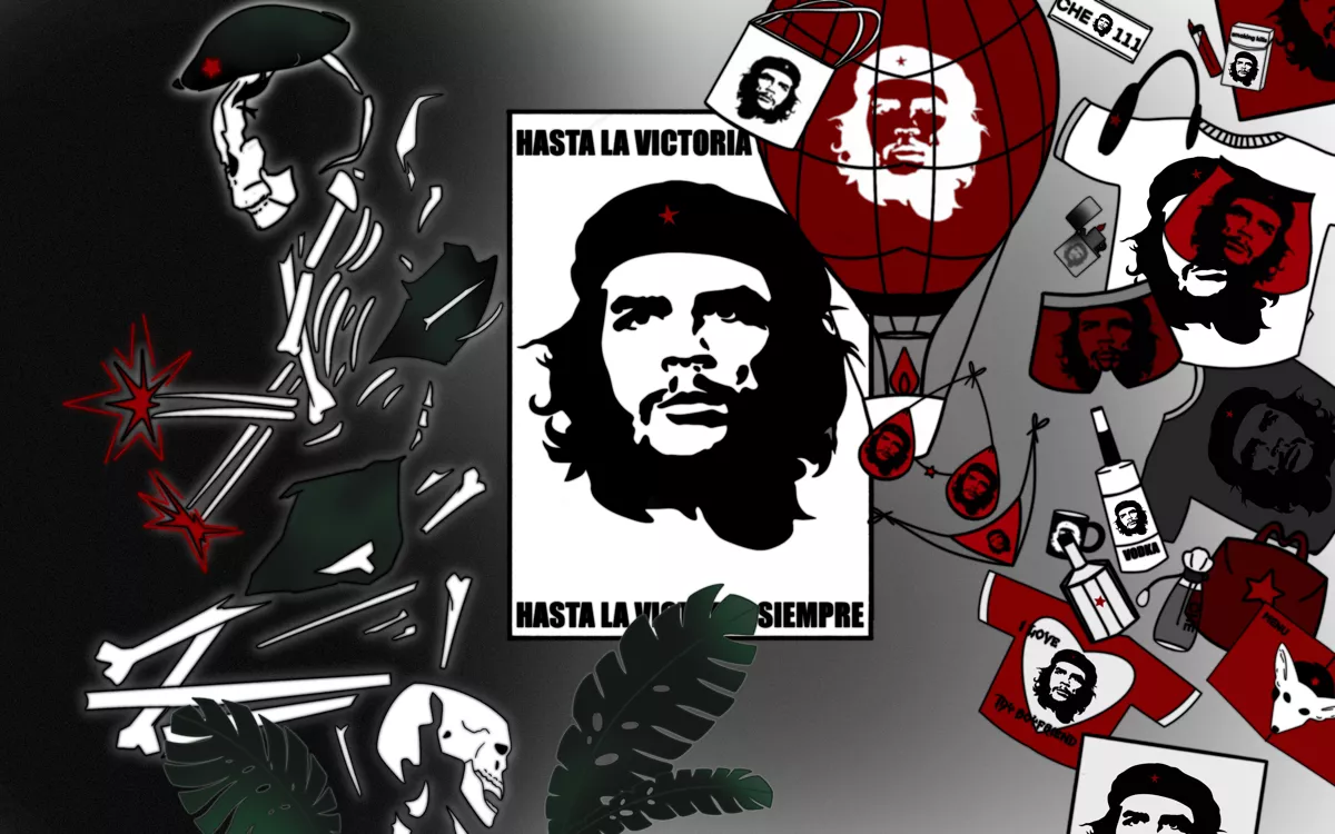 Изображение отсылает к изначальному захоронению Гевары после казни в братской могиле, в окружении фрагментов костей партизан, которые были похоронены там же. Придумала и проиллюстрировала: <a href="https://t.me/ostraya0" target="_blank">острая</a>.