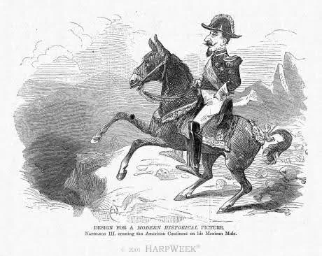 «Император Наполеон III, пересекающий Новый Свет на “мексиканском мулле”» © Harper’s Weekly, 7 марта 1863 года