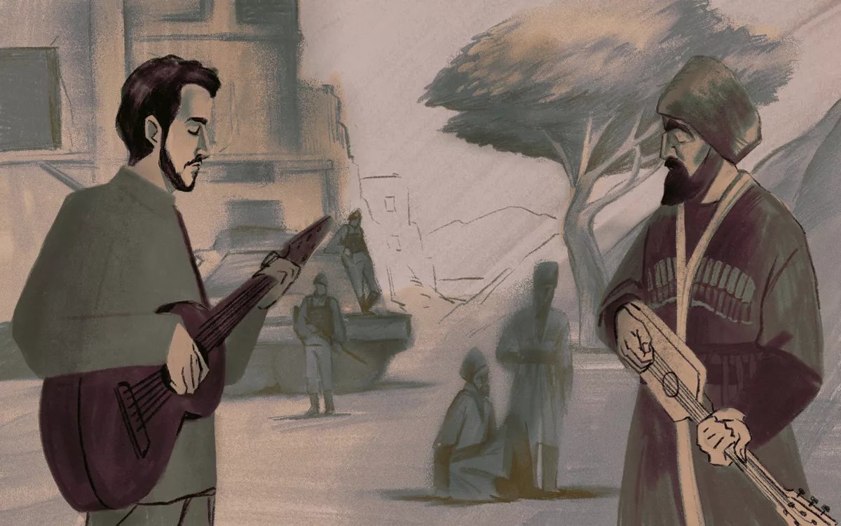 «Алимсултанов остается фигурой перехода — между традиционным эпосом и авторской песней, между фольклором и политической реальностью, между памятью о прошлом и попыткой осмыслить настоящее» / Иллюстрация: <a href="https://www.behance.net/veshadalesova" target="_blank">Веша Далесова</a>