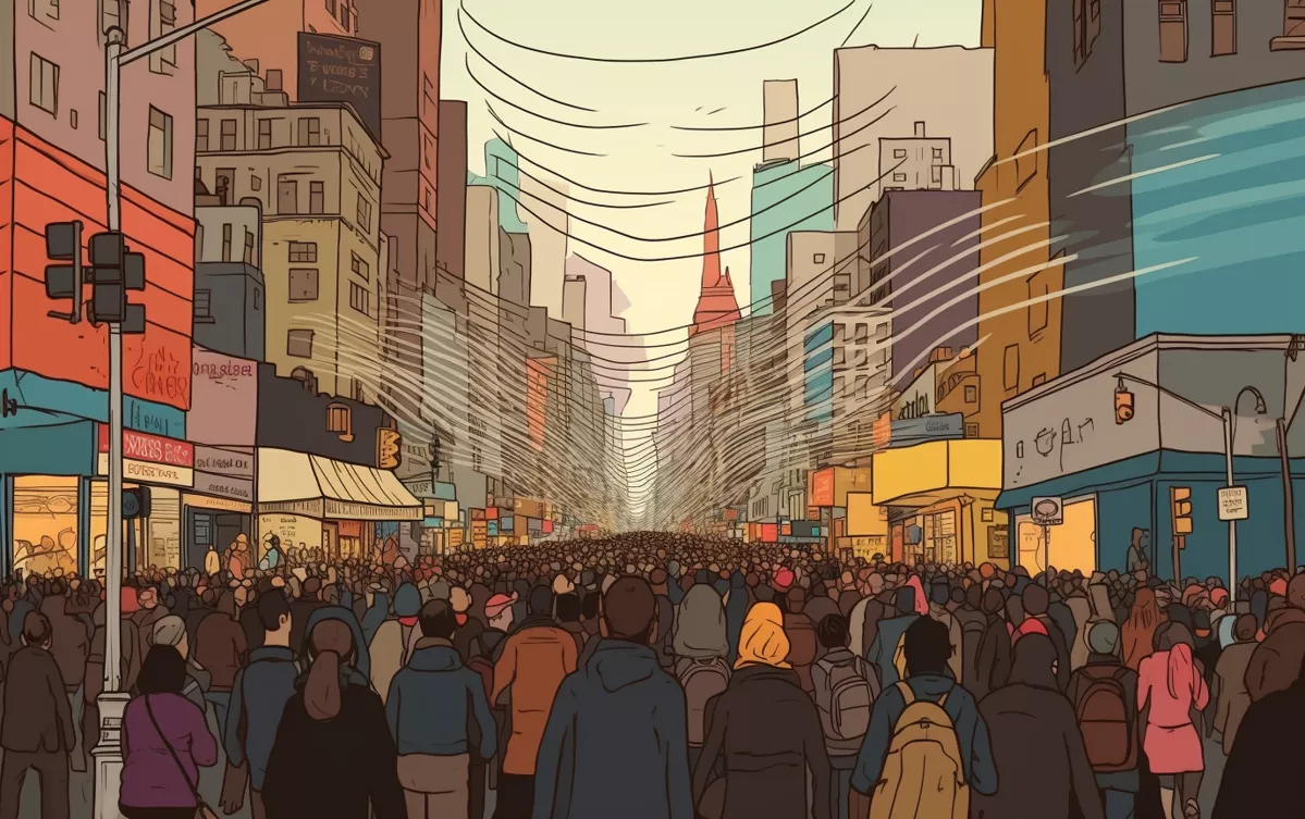 «Город — это не только текст, но и шум, не только карта, но и культура, не только пространство, наполненное знаками, но и реверберирующий ландшафт» / Иллюстрация: нейросеть Midjourney