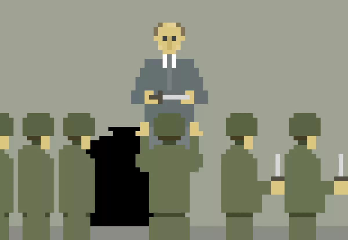 «Милитаризм — это наращивание военной мощи, идеализация армейской службы, представление о том, что решать политические вопросы военными методами нормально». Иллюстрация: <a href="https://www.instagram.com/ivan_tuzov/" target="">Иван Тузов</a>