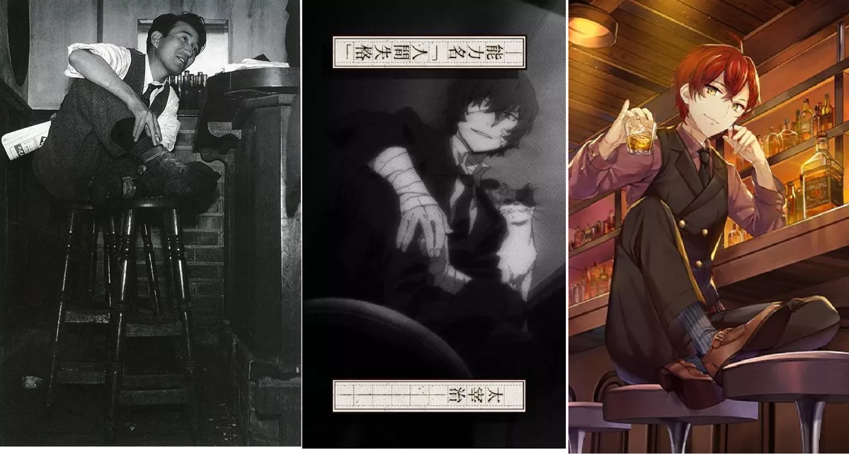 Известное фото Осаму Дадзая в баре «Люпин» и изображения аниме-персонажей, носящих его имя, в аналогичной обстановке — Дадзай из «Бродячих псов литературы» и Дадзай из «Литераторов и алхимика»