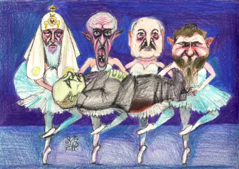 Политические карикатуры «мальчика Алеши»: путинская божья матерь, вампир-Пригожин, похоронный танец лебедей и Родина-дед