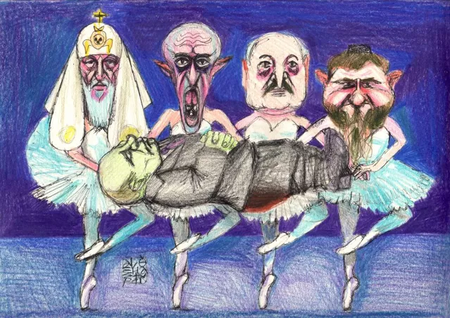 Политические карикатуры «мальчика Алеши»: путинская божья матерь, вампир-Пригожин, похоронный танец лебедей и Родина-дед